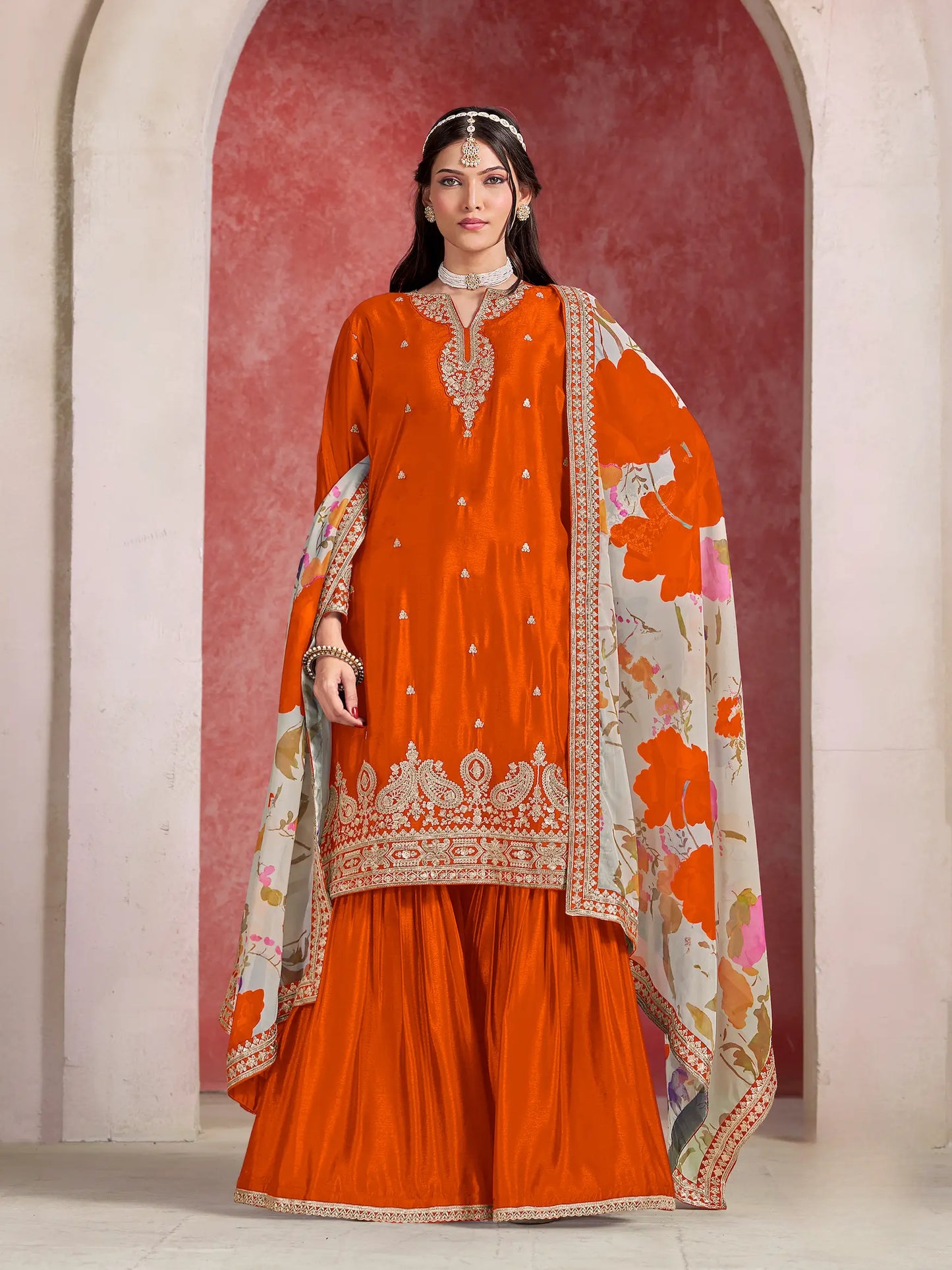 Orange Chinon Embroidery Salwar suit With Organza Dupatta