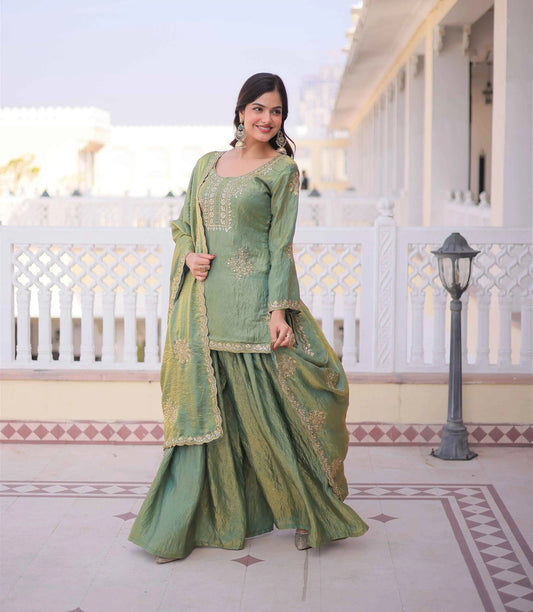 Sage Green Zari Embroidery Sharara Suit