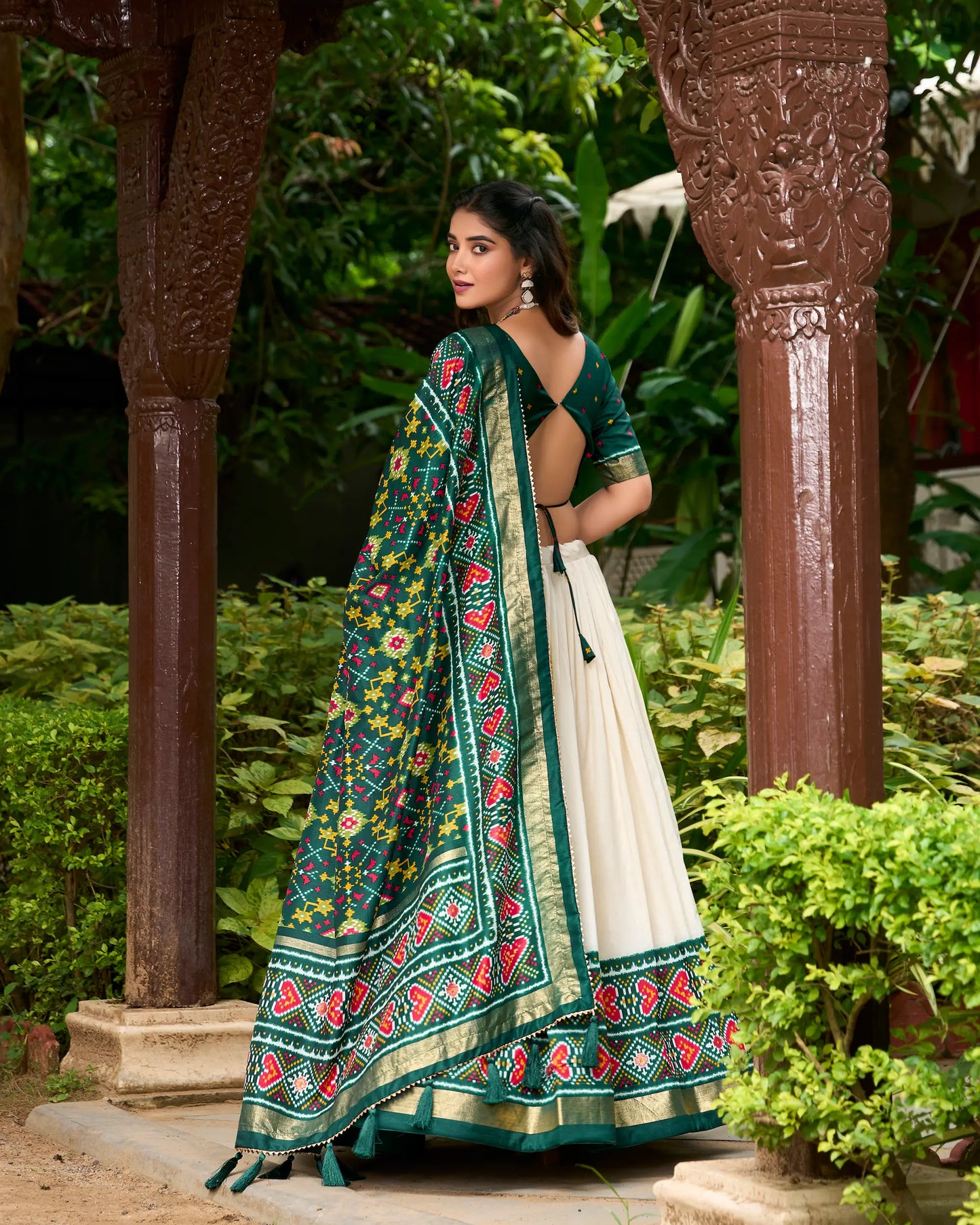 Green Tussar Silk Patola Printed Lehenga Choli