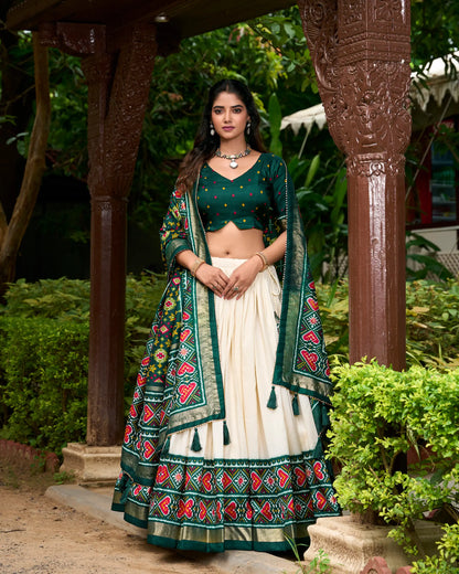 Green Tussar Silk Patola Printed Lehenga Choli