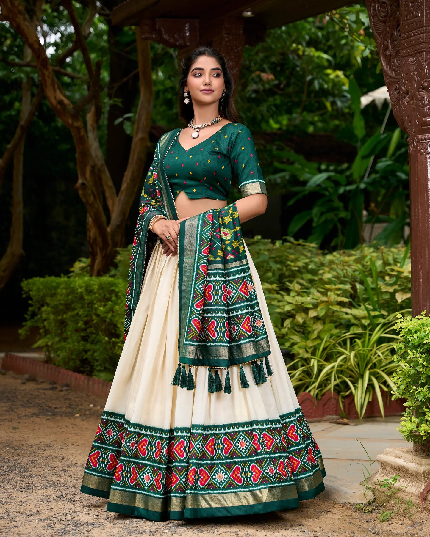 Green Tussar Silk Patola Printed Lehenga Choli
