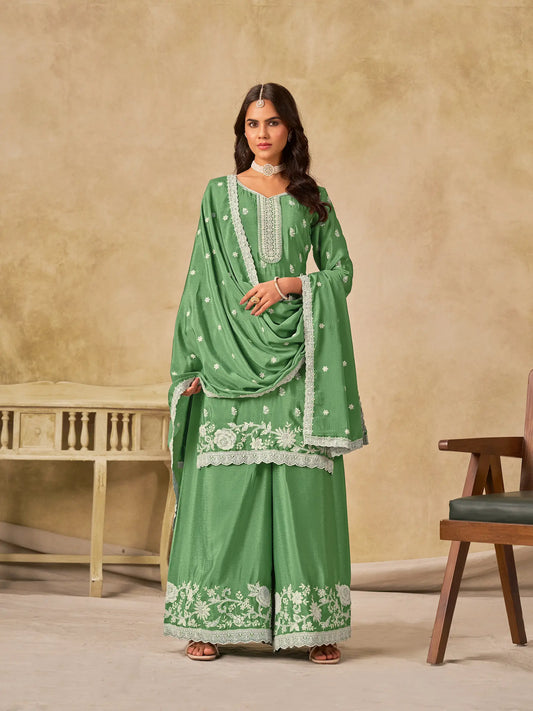 Pista Green Chinon Embroidery Work Palazzo Suit
