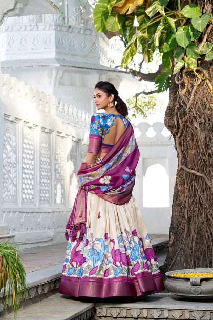 Off White dola Silk Kalamkari Printed Lehenga Choli