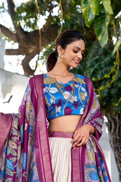 Off White dola Silk Kalamkari Printed Lehenga Choli