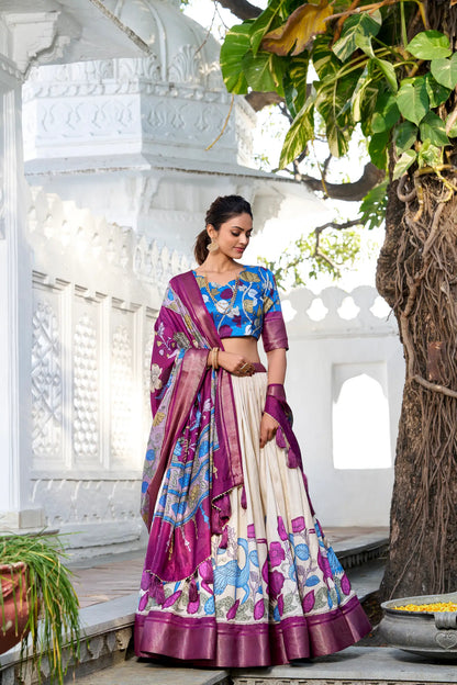 Off White dola Silk Kalamkari Printed Lehenga Choli