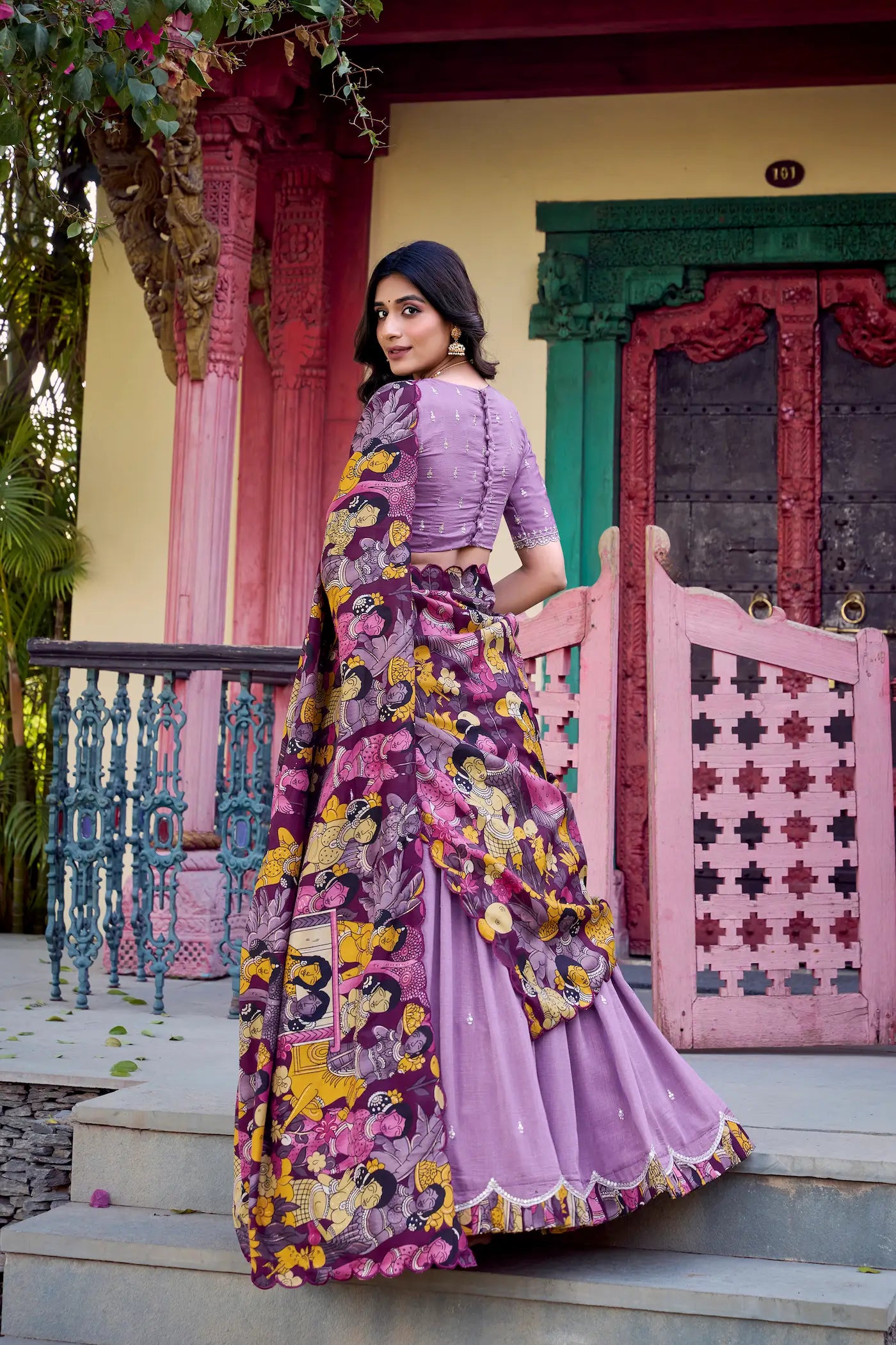Lavender Vichitra Silk Lehenga Choli With Kalamkari Print & Thread, Sequins Embroidery