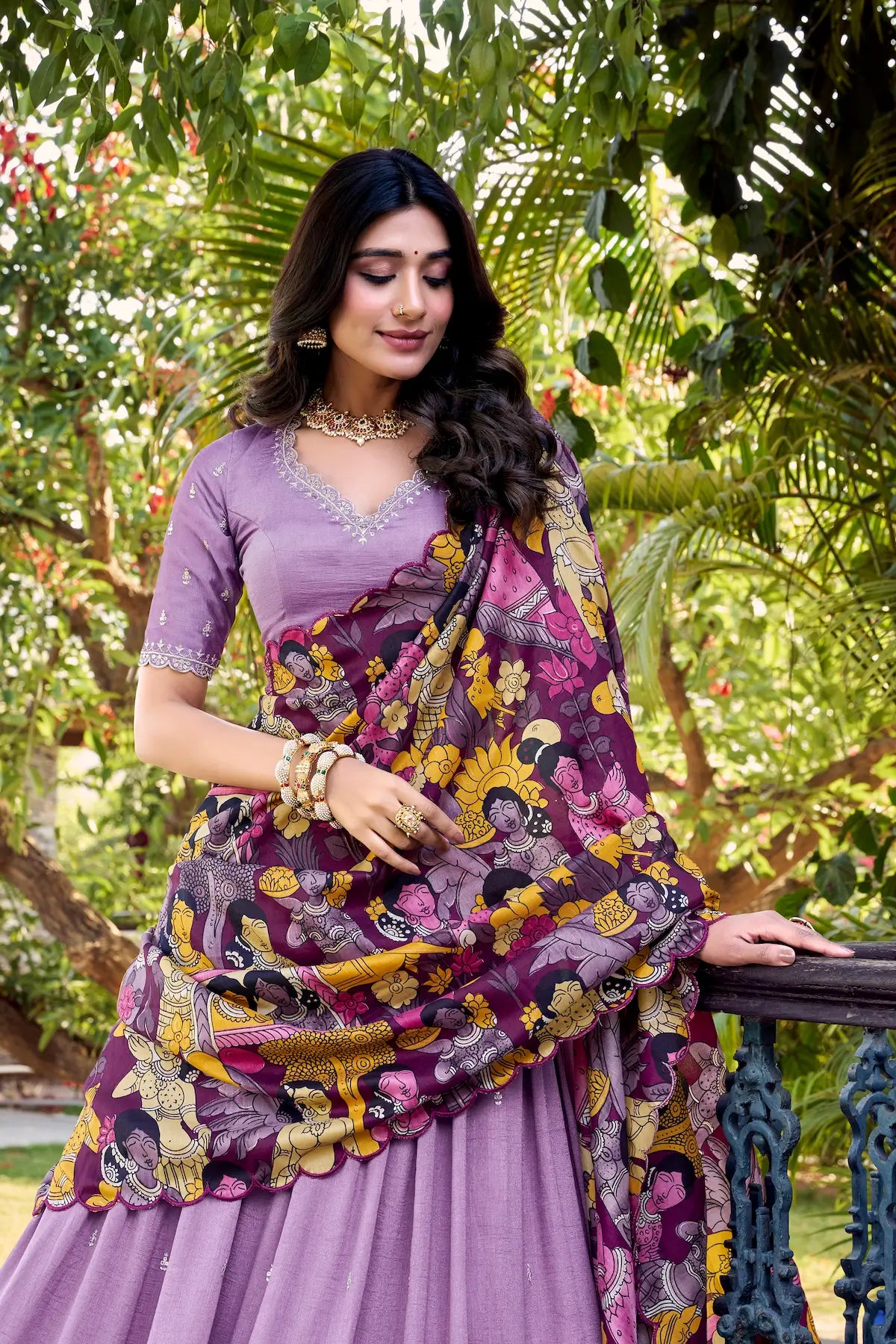 Lavender Vichitra Silk Lehenga Choli With Kalamkari Print & Thread, Sequins Embroidery