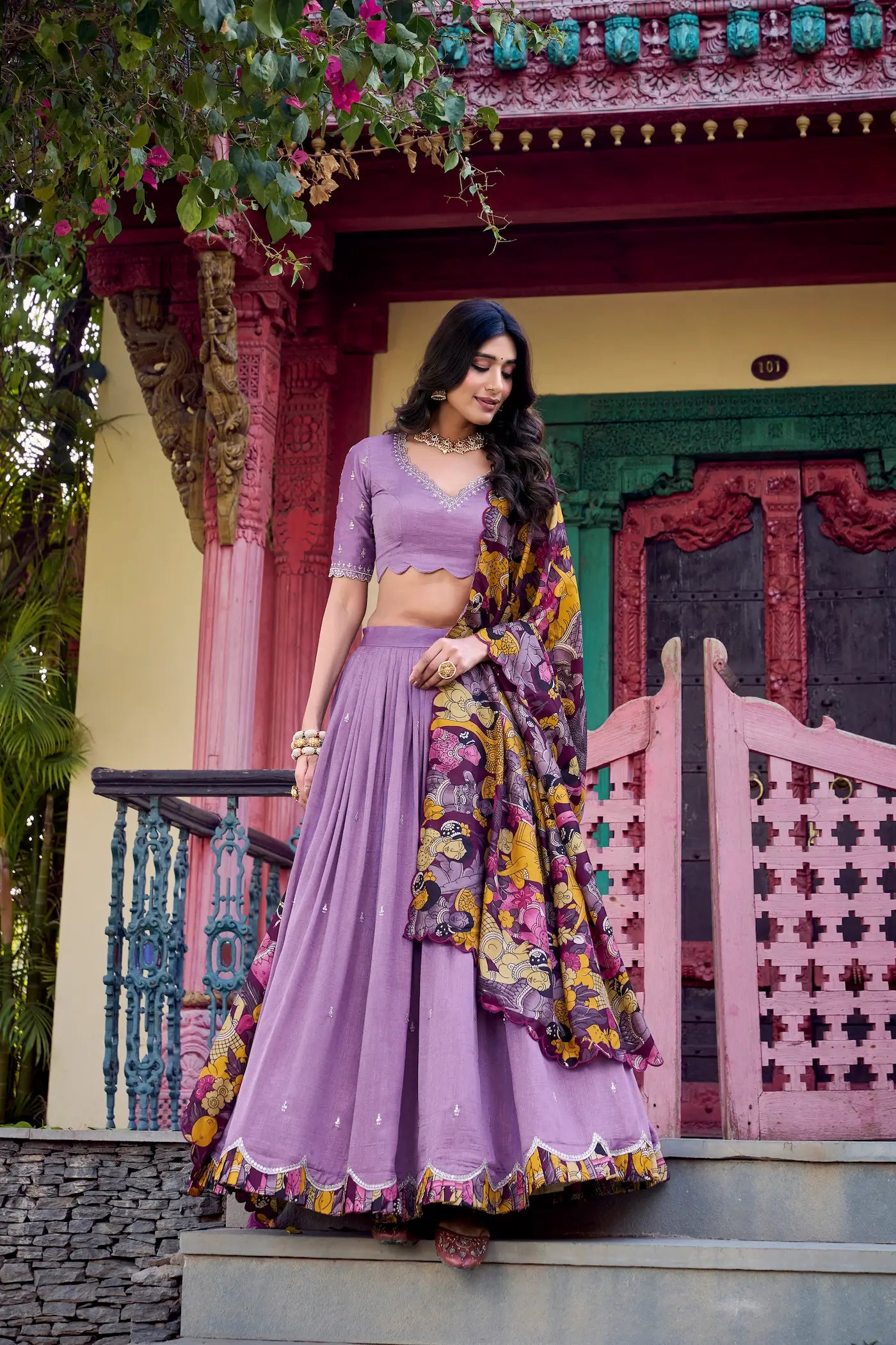 Lavender Vichitra Silk Lehenga Choli With Kalamkari Print & Thread, Sequins Embroidery