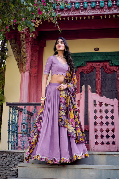 Lavender Vichitra Silk Lehenga Choli With Kalamkari Print & Thread, Sequins Embroidery