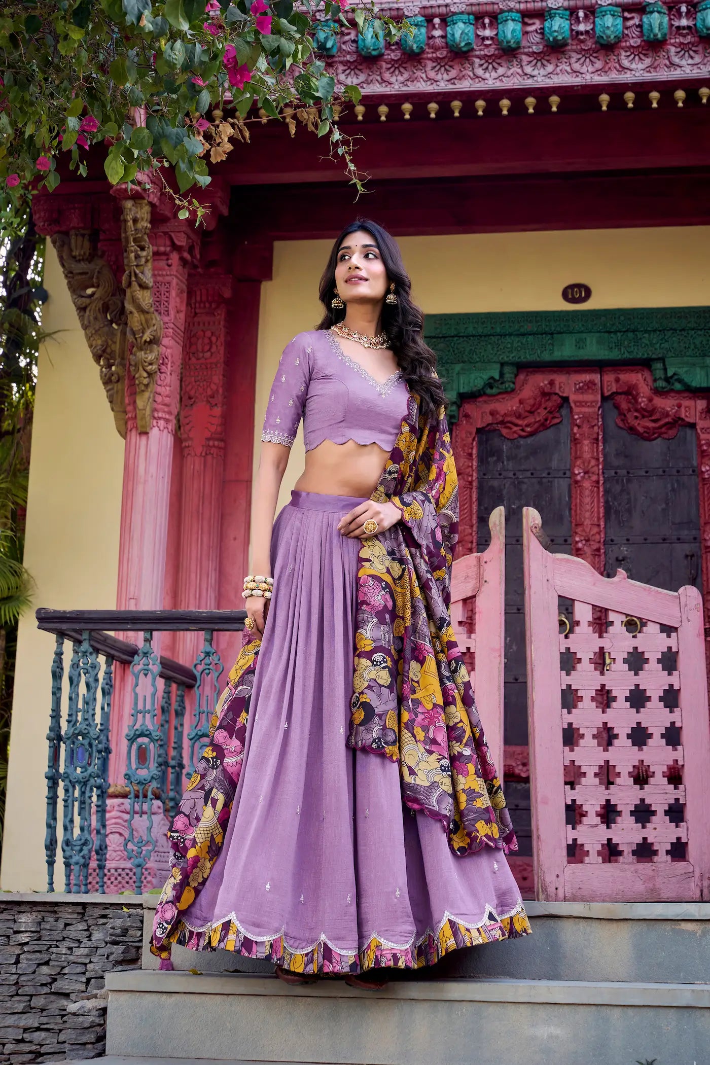 Lavender Vichitra Silk Lehenga Choli With Kalamkari Print & Thread, Sequins Embroidery