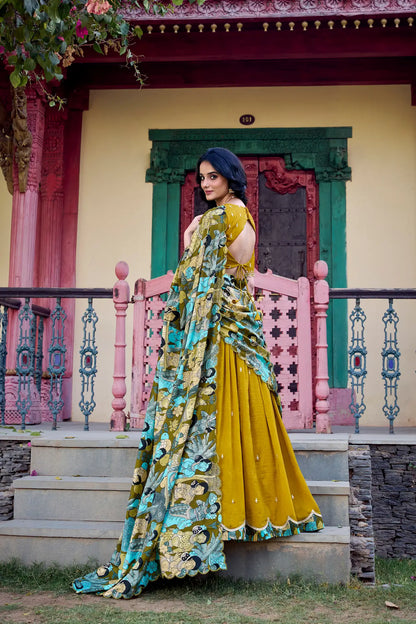 Mustard Vichitra Silk Lehenga Choli With Kalamkari Print & Thread, Sequins Embroidery