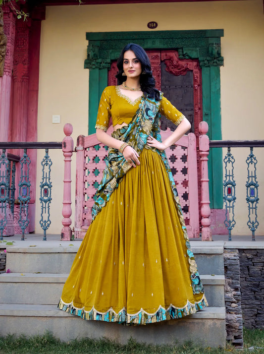 Mustard Vichitra Silk Lehenga Choli With Kalamkari Print & Thread, Sequins Embroidery
