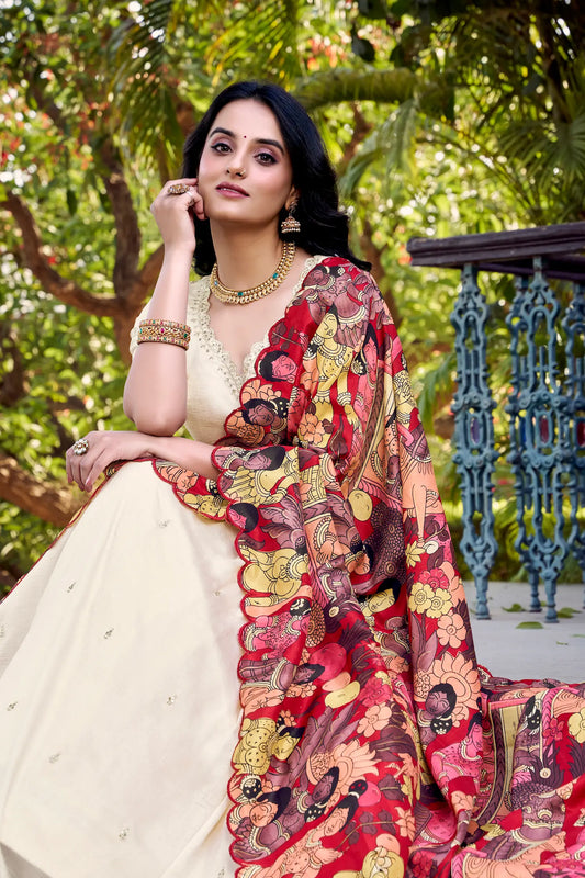 Beige Vichitra Silk Lehenga Choli With Kalamkari Print & Thread, Sequins Embroidery