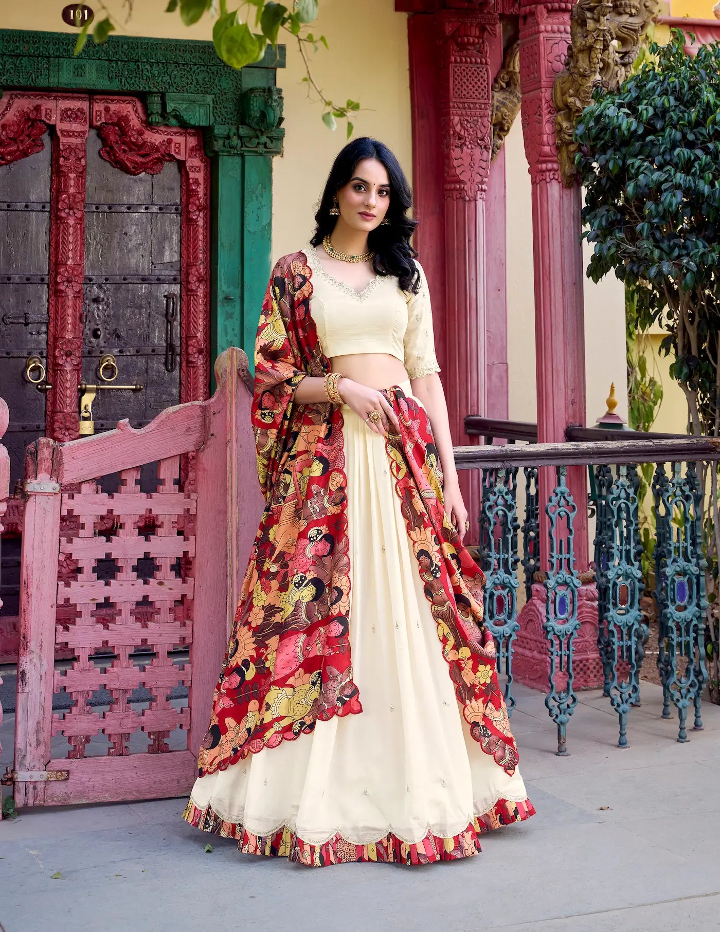 Beige Vichitra Silk Lehenga Choli With Kalamkari Print & Thread, Sequins Embroidery
