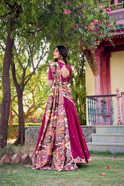 Pink Vichitra Silk Lehenga Choli With Kalamkari Print & Thread, Sequins Embroidery