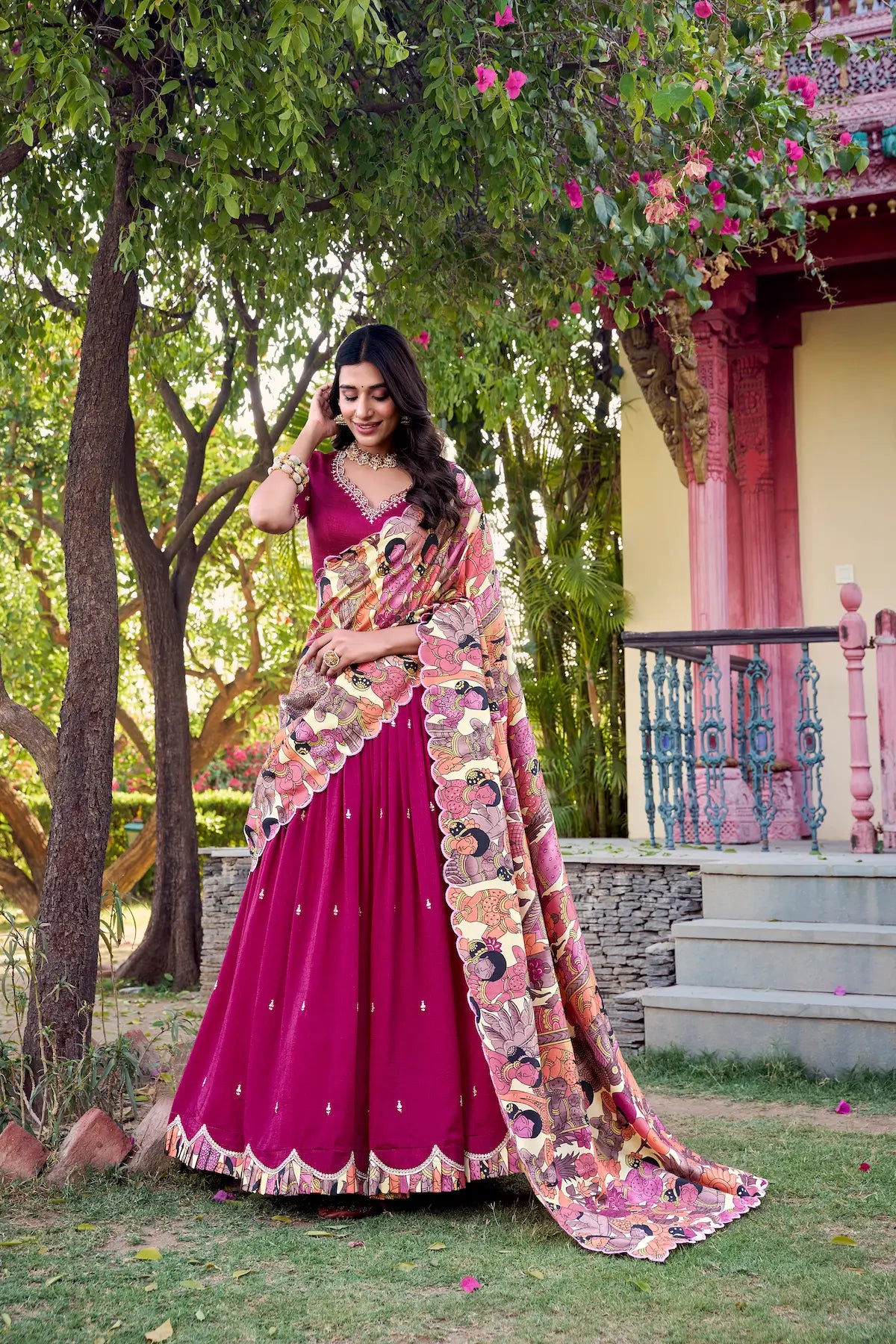 Pink Vichitra Silk Lehenga Choli With Kalamkari Print & Thread, Sequins Embroidery