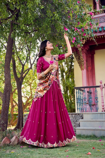 Pink Vichitra Silk Lehenga Choli With Kalamkari Print & Thread, Sequins Embroidery