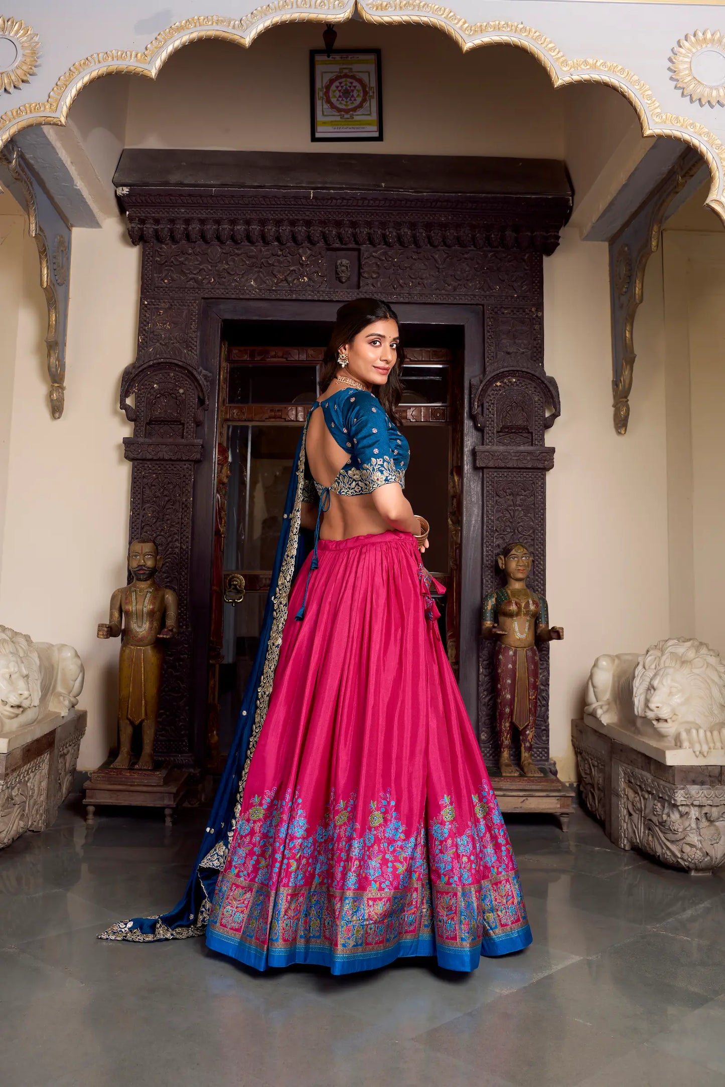 Dark Pink Tussar Silk Lehenga Choli With Digital Print & Embroidery Work