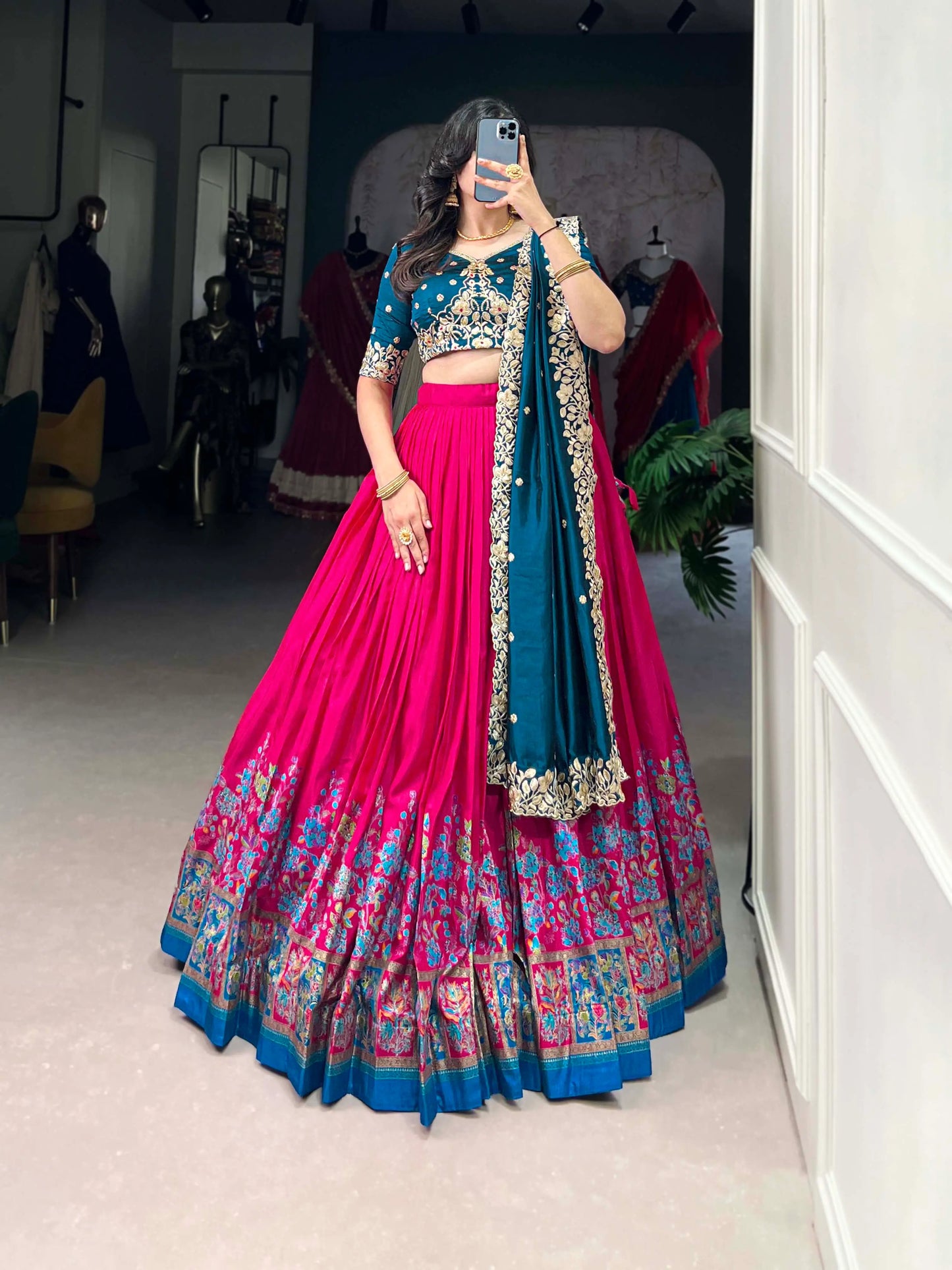 Dark Pink Tussar Silk Lehenga Choli With Digital Print & Embroidery Work