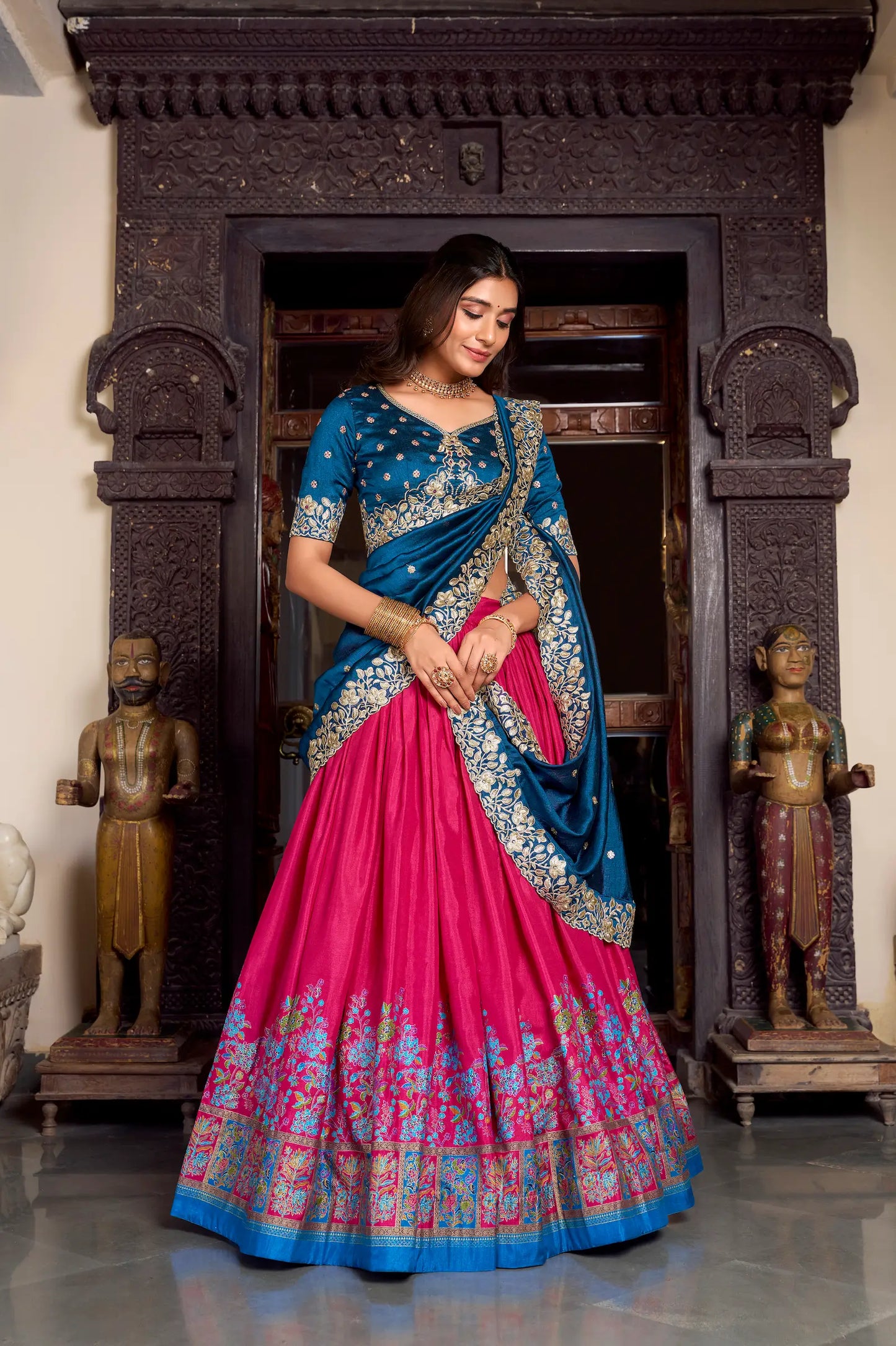 Dark Pink Tussar Silk Lehenga Choli With Digital Print & Embroidery Work