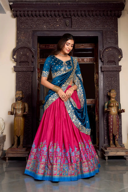 Dark Pink Tussar Silk Lehenga Choli With Digital Print & Embroidery Work