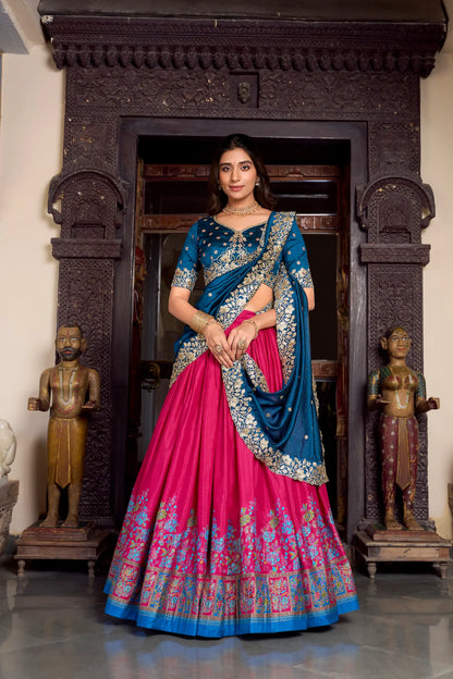 Dark Pink Tussar Silk Lehenga Choli With Digital Print & Embroidery Work