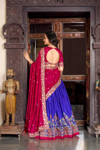 Royal Blue Tussar Silk Lehenga Choli With Digital Print & Embroidery Work