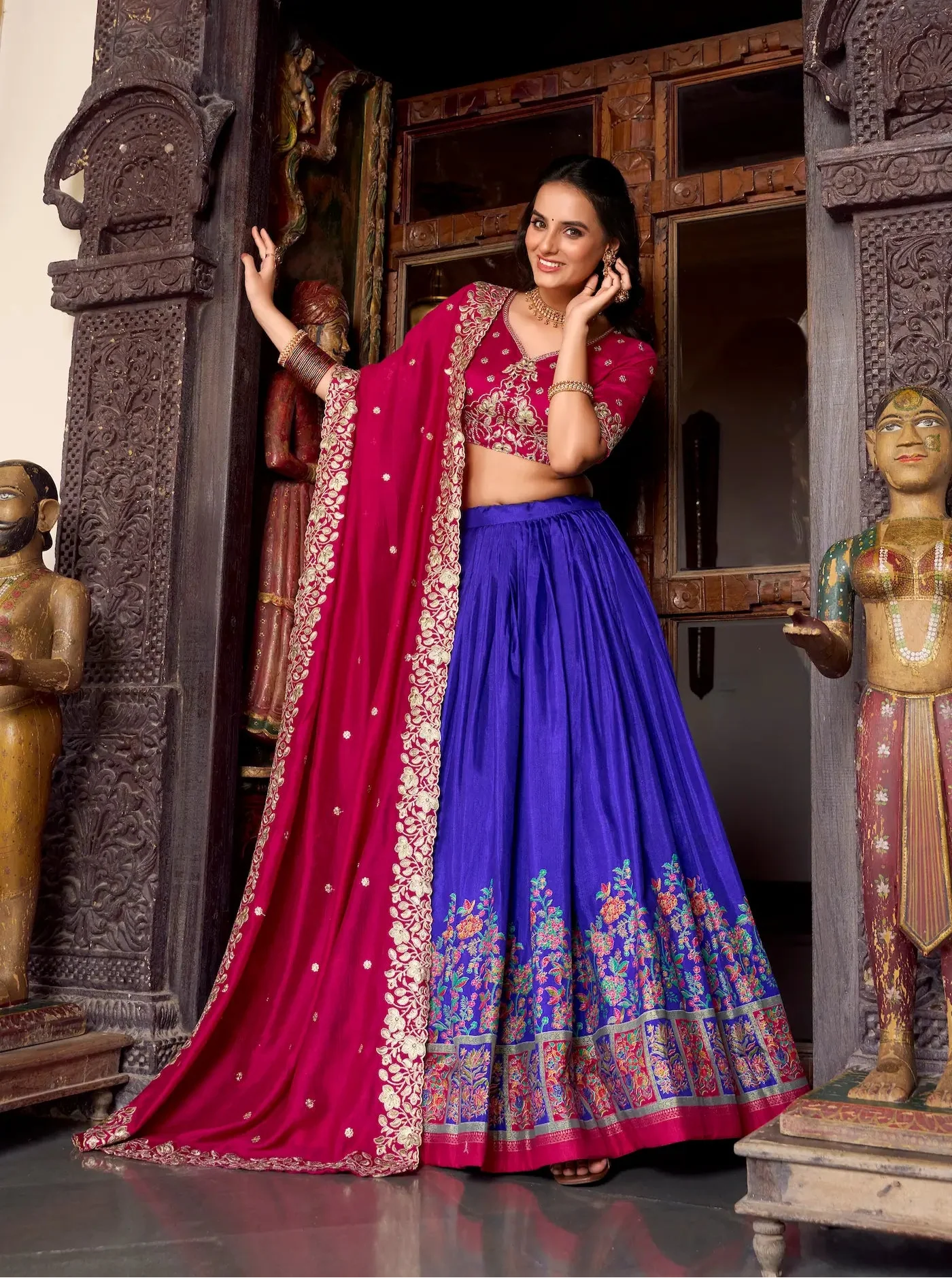 Royal Blue Tussar Silk Lehenga Choli With Digital Print & Embroidery Work