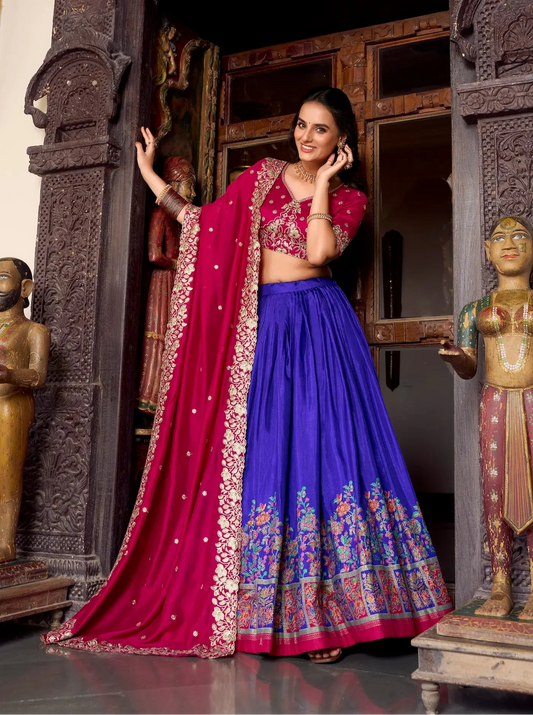 Royal Blue Tussar Silk Lehenga Choli With Digital Print & Embroidery Work