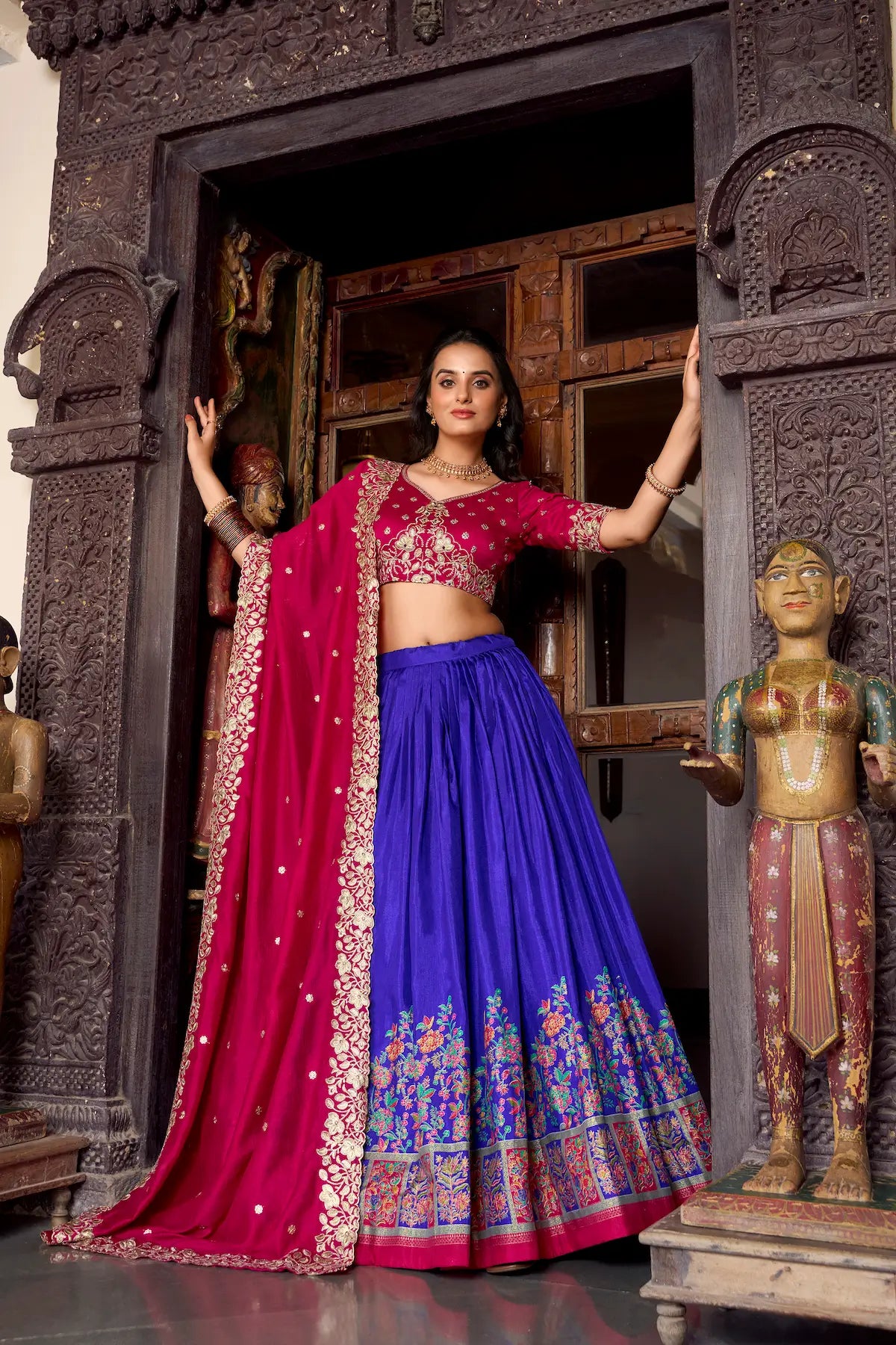 Royal Blue Tussar Silk Lehenga Choli With Digital Print & Embroidery Work