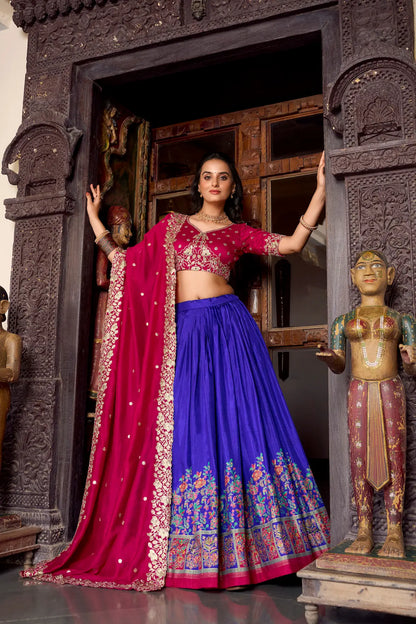 Royal Blue Tussar Silk Lehenga Choli With Digital Print & Embroidery Work