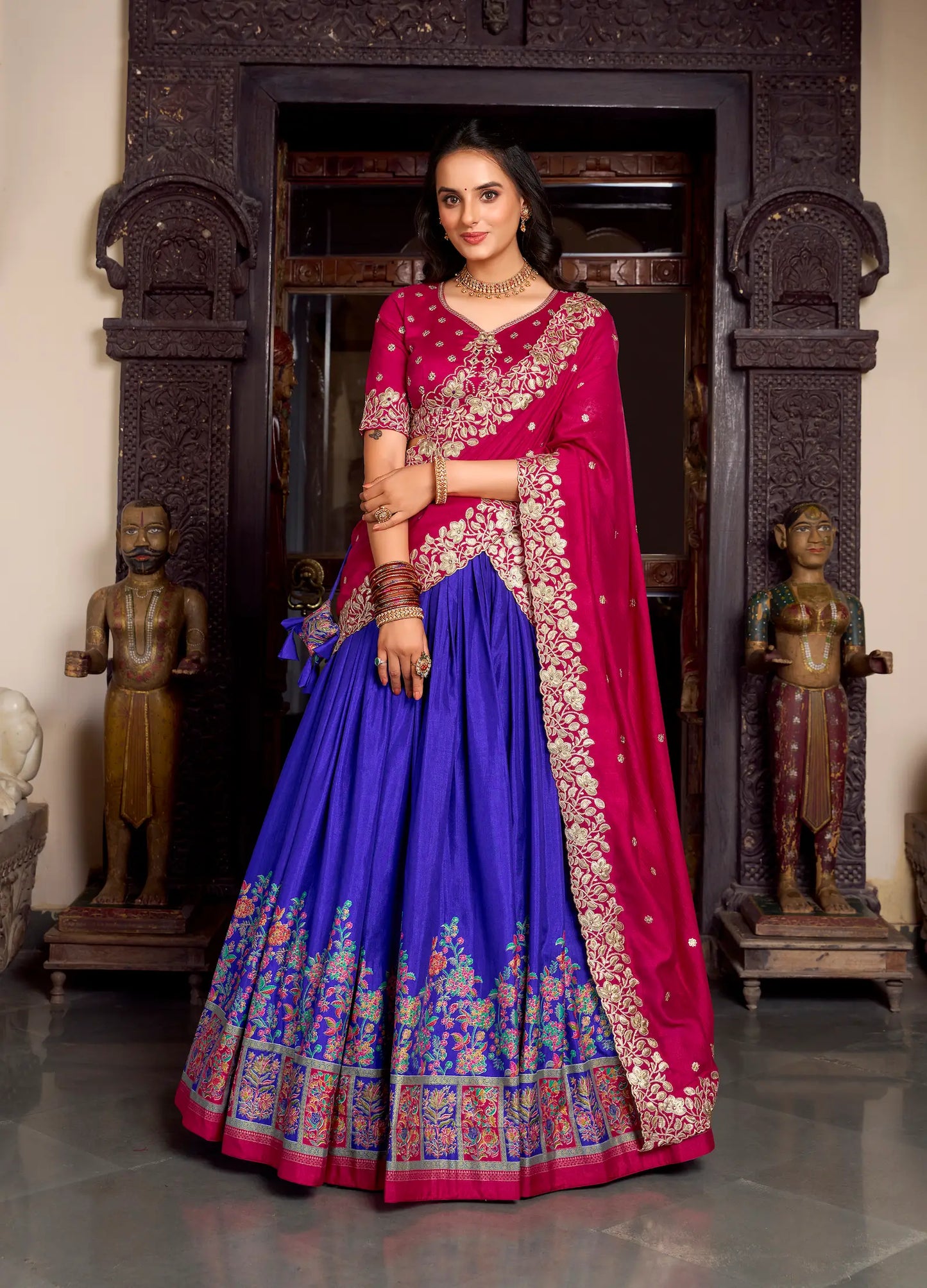 Royal Blue Tussar Silk Lehenga Choli With Digital Print & Embroidery Work
