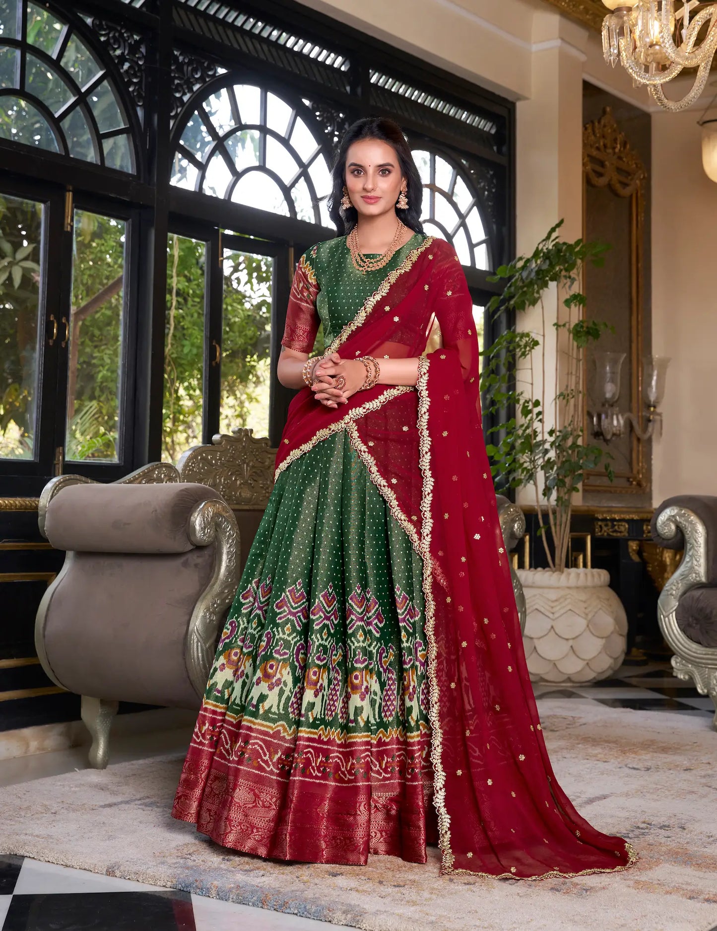 Green Kanchipuram Silk Lehenga Choli With Digital Print & Embroidery Work