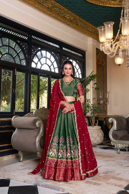 Green Kanchipuram Silk Lehenga Choli With Digital Print & Embroidery Work