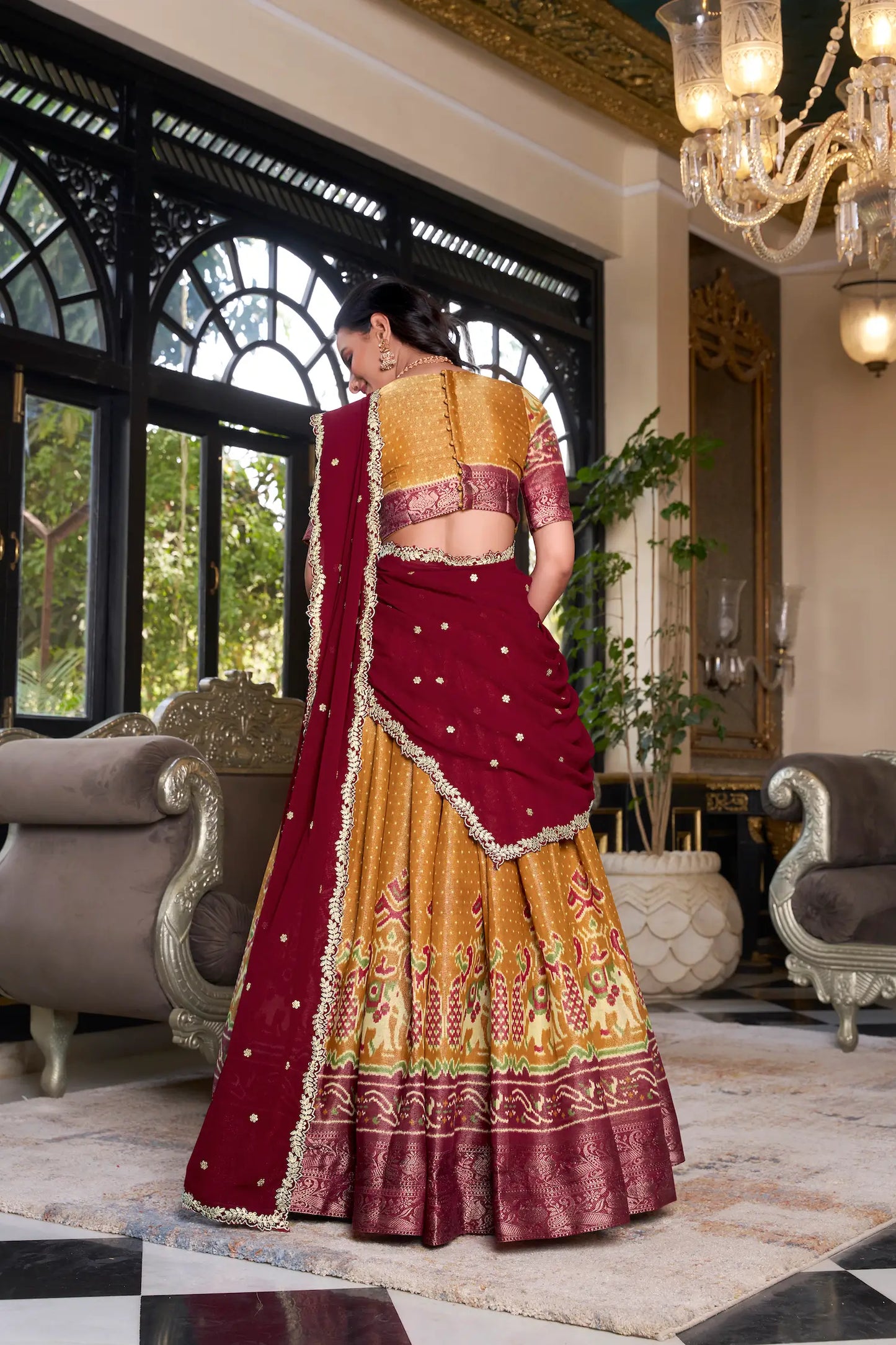 Mustard Kanchipuram Silk Lehenga Choli With Digital Print & Embroidery Work