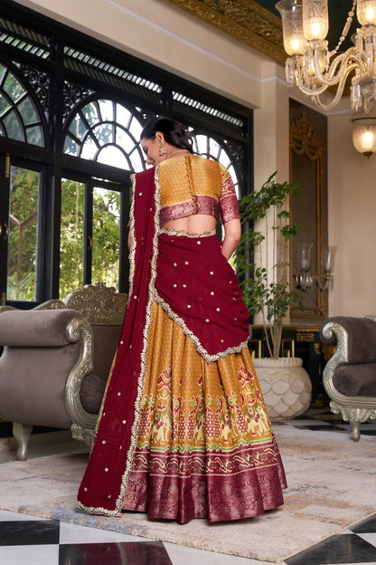 Mustard Kanchipuram Silk Lehenga Choli With Digital Print & Embroidery Work
