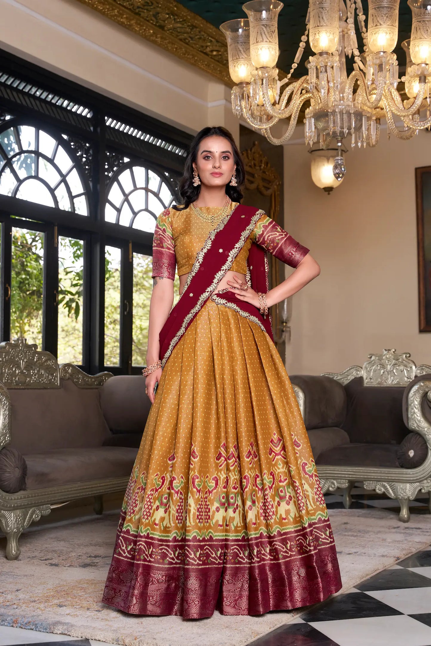 Mustard Kanchipuram Silk Lehenga Choli With Digital Print & Embroidery Work
