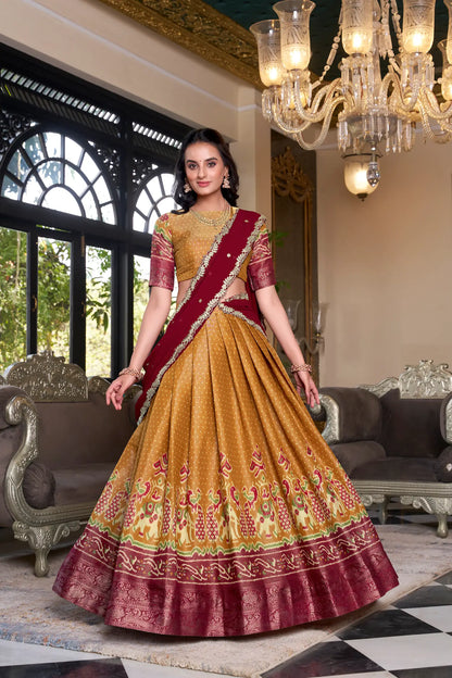 Mustard Kanchipuram Silk Lehenga Choli With Digital Print & Embroidery Work