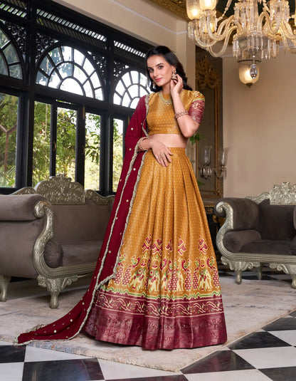 Mustard Kanchipuram Silk Lehenga Choli With Digital Print & Embroidery Work