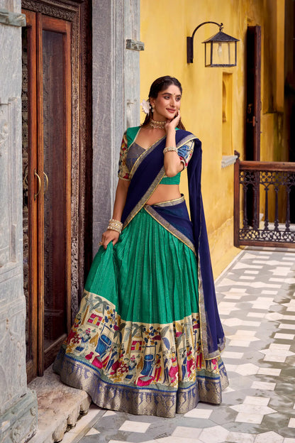 Teal Green Chanderi Lehenga Choli With Kalamkari Print & Zari Weaving Work