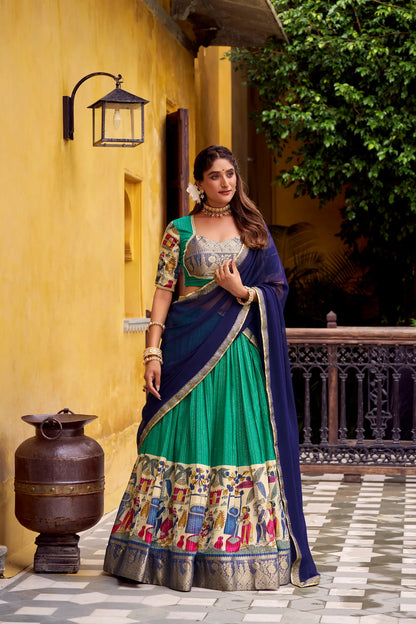 Teal Green Chanderi Lehenga Choli With Kalamkari Print & Zari Weaving Work