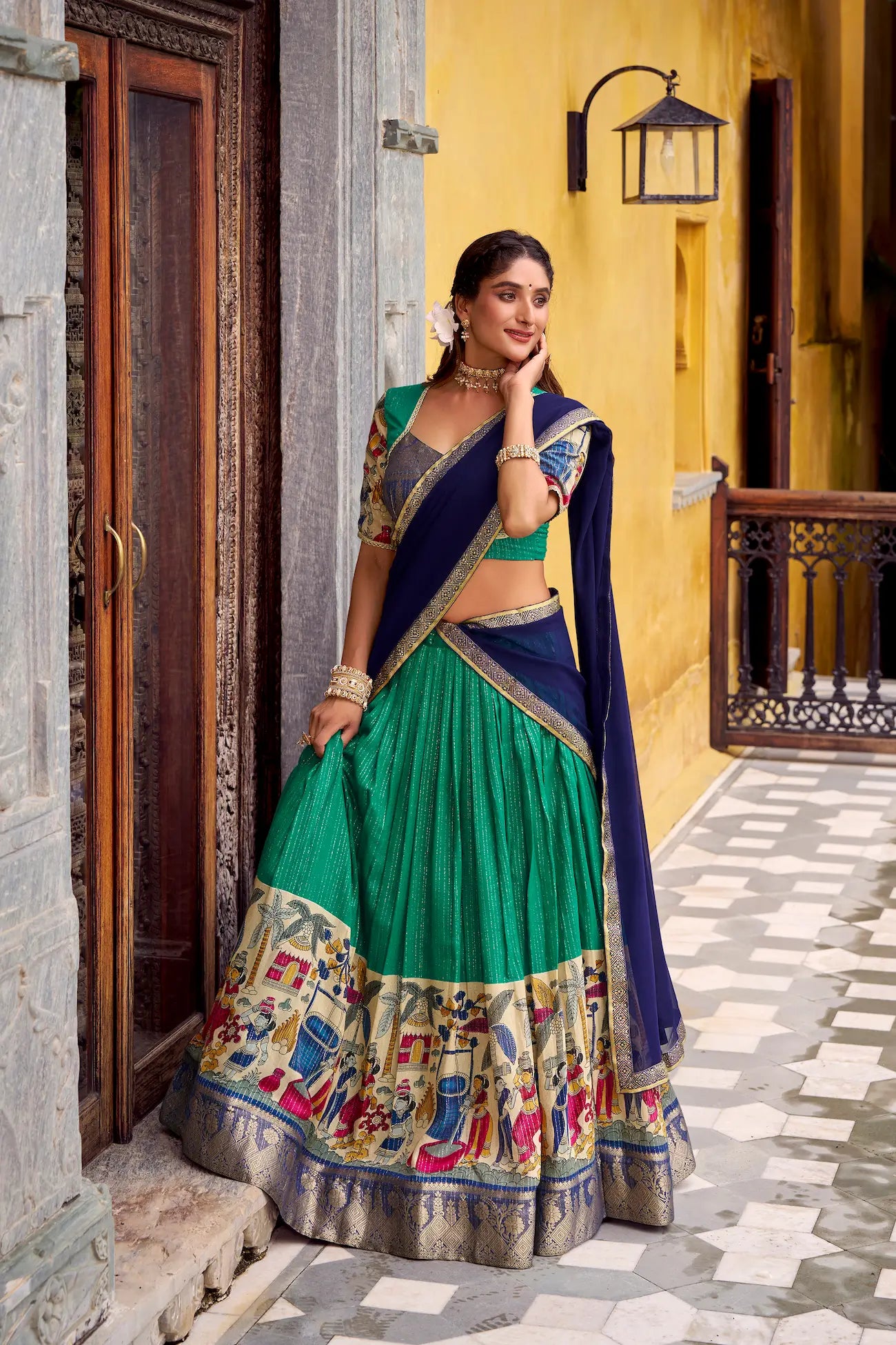 Teal Green Chanderi Lehenga Choli With Kalamkari Print & Zari Weaving Work