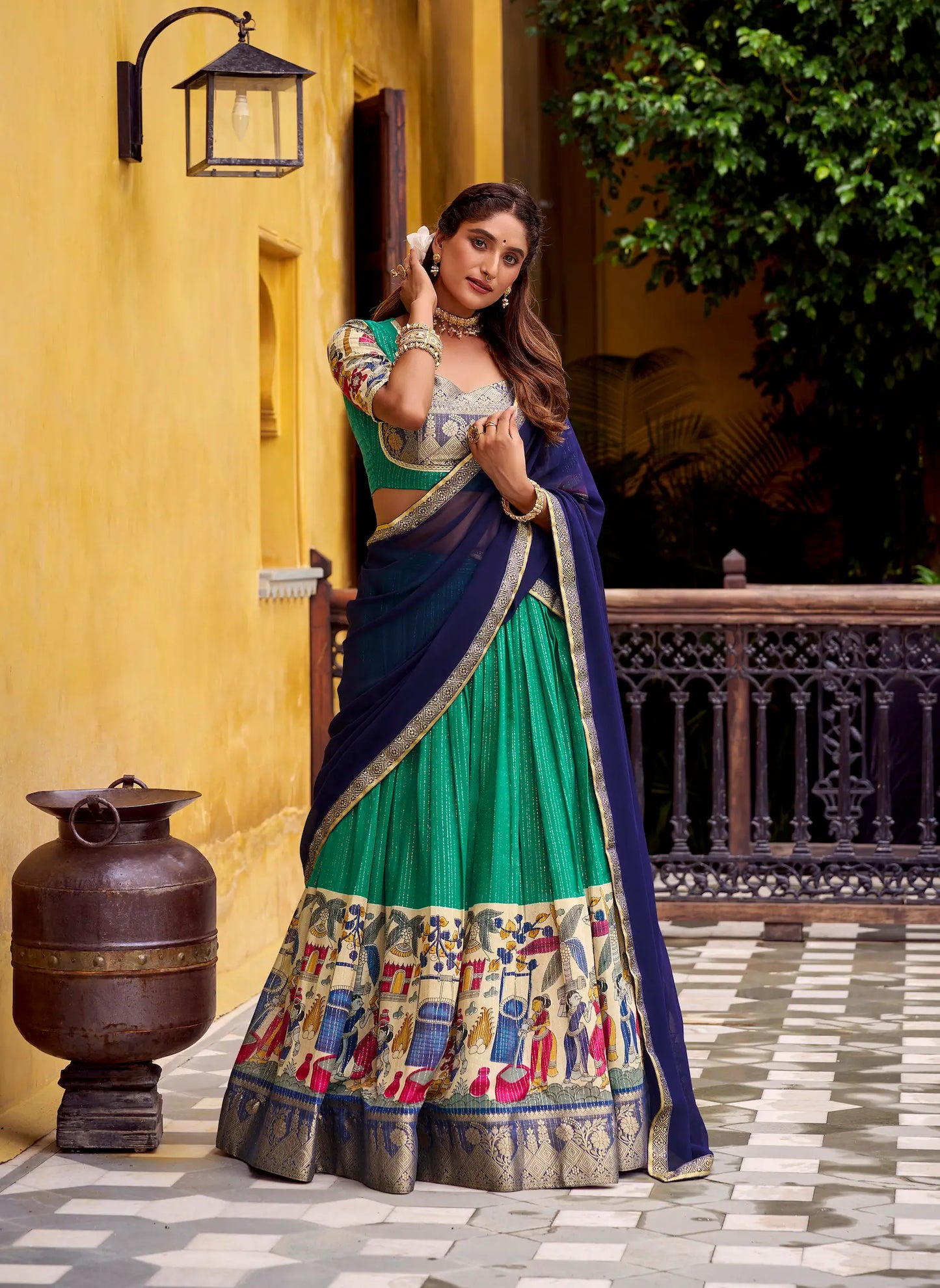 Teal Green Chanderi Lehenga Choli With Kalamkari Print & Zari Weaving Work