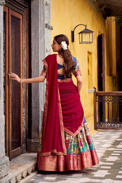 Navy Blue Chanderi Lehenga Choli With Kalamkari Print & Zari Weaving Work