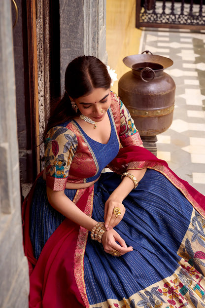 Navy Blue Chanderi Lehenga Choli With Kalamkari Print & Zari Weaving Work