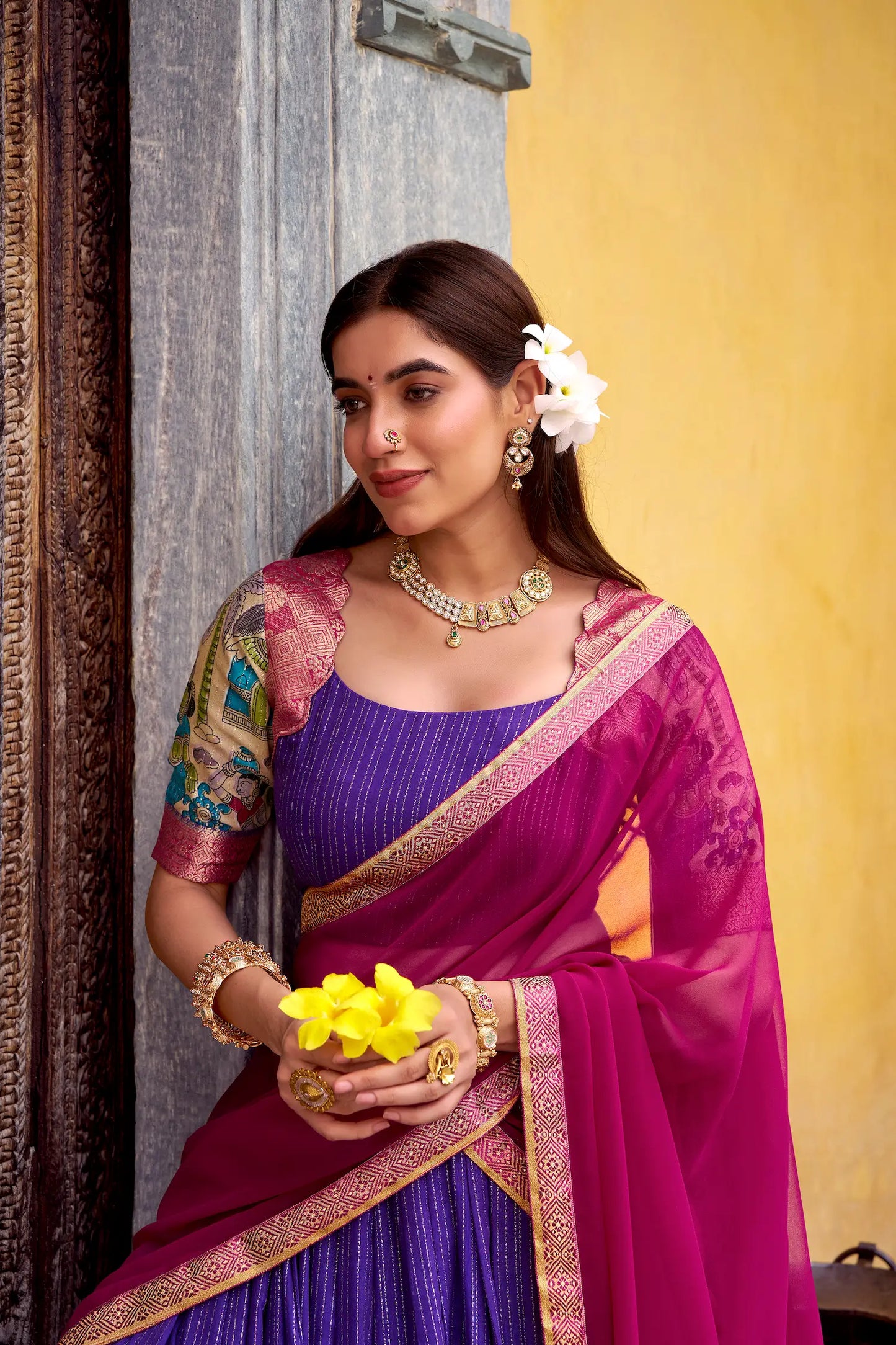 Purple Chanderi Lehenga Choli With Kalamkari Print & Zari Weaving Work