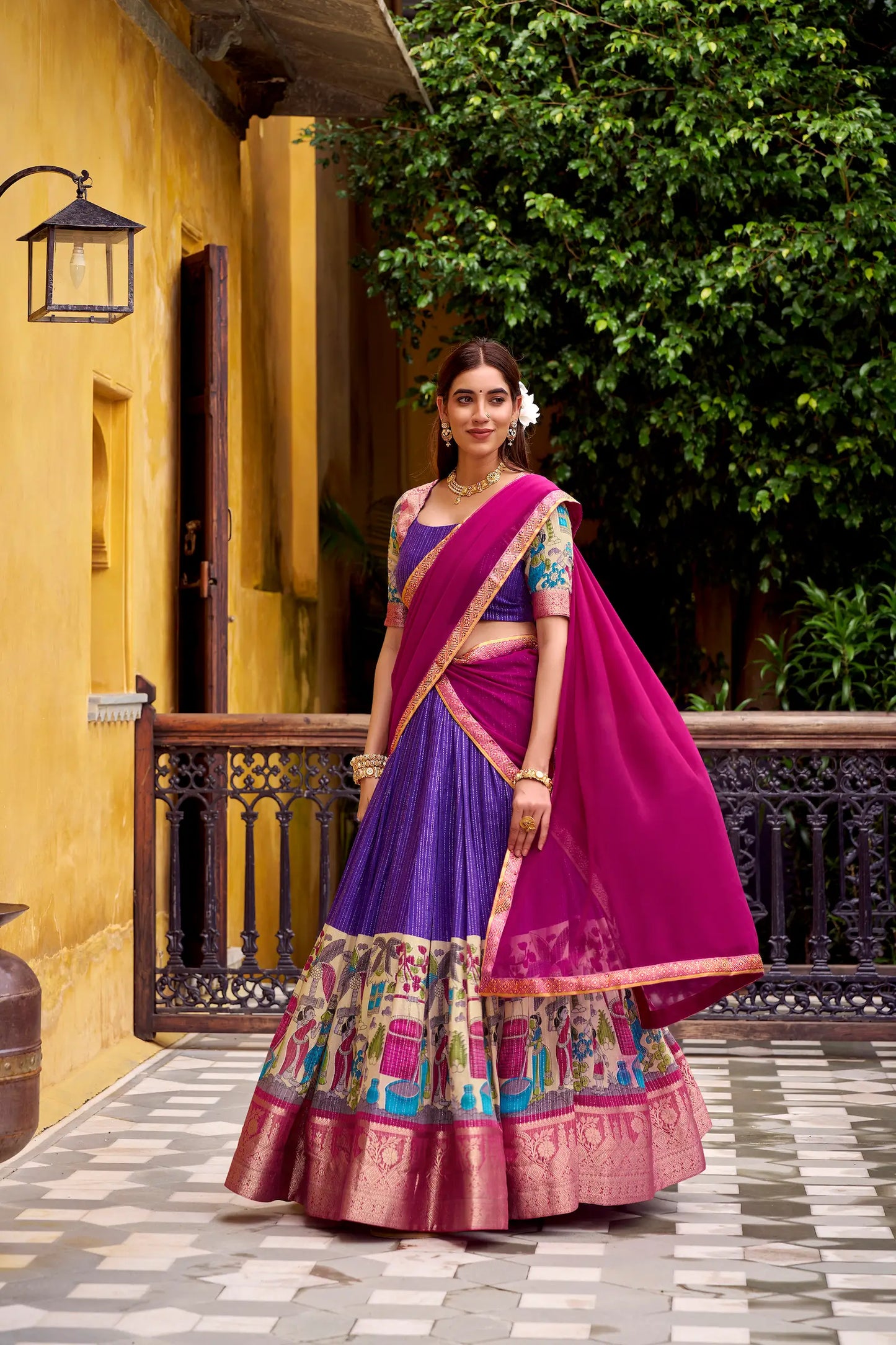 Purple Chanderi Lehenga Choli With Kalamkari Print & Zari Weaving Work