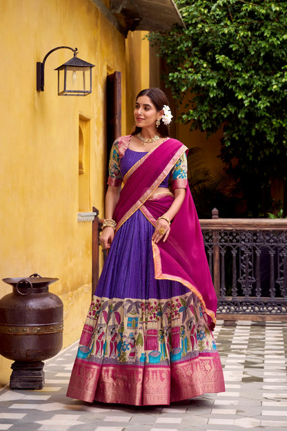 Purple Chanderi Lehenga Choli With Kalamkari Print & Zari Weaving Work