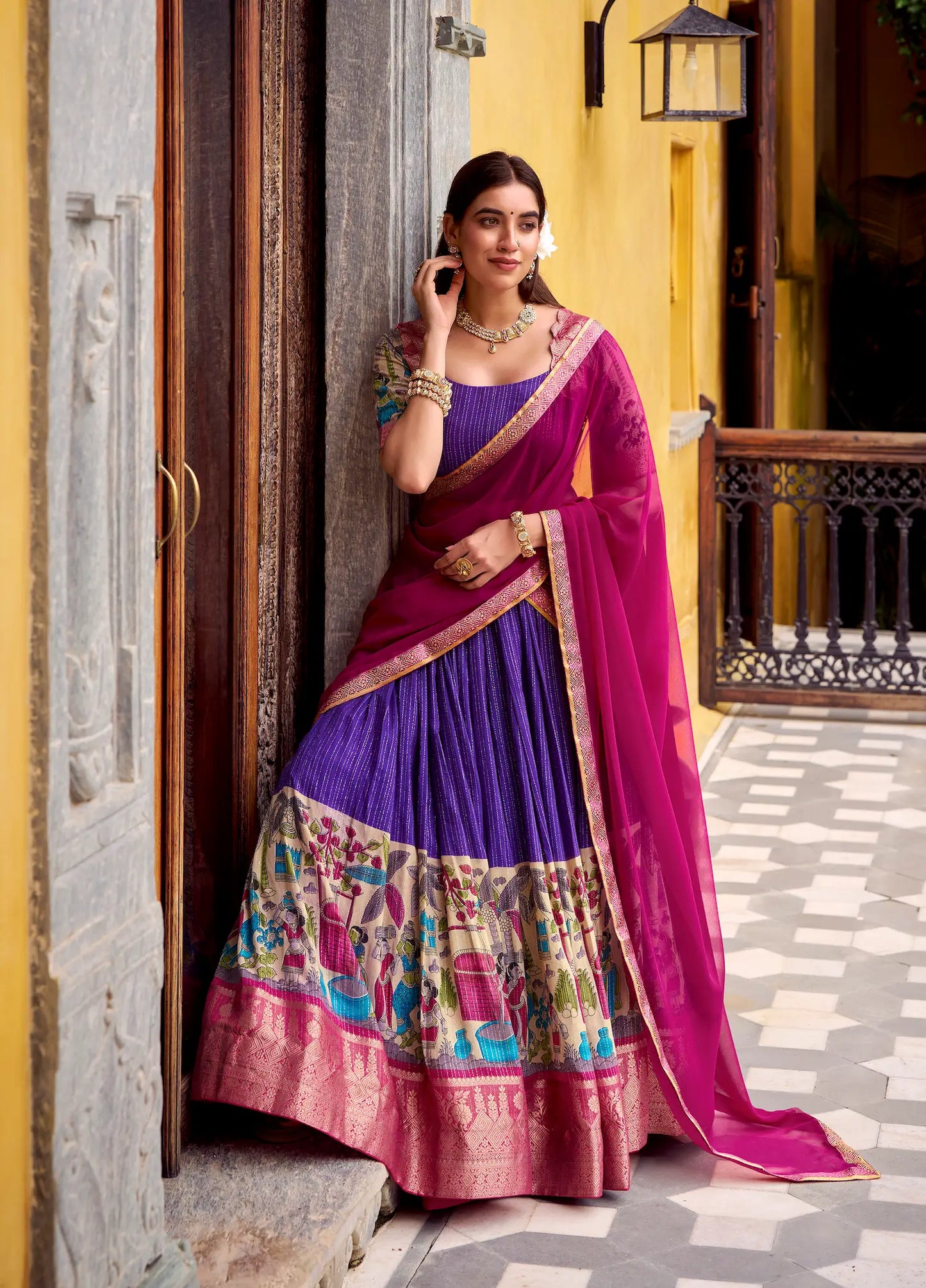 Purple Chanderi Lehenga Choli With Kalamkari Print & Zari Weaving Work
