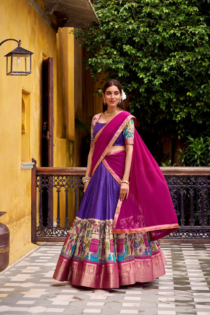 Purple Chanderi Lehenga Choli With Kalamkari Print & Zari Weaving Work